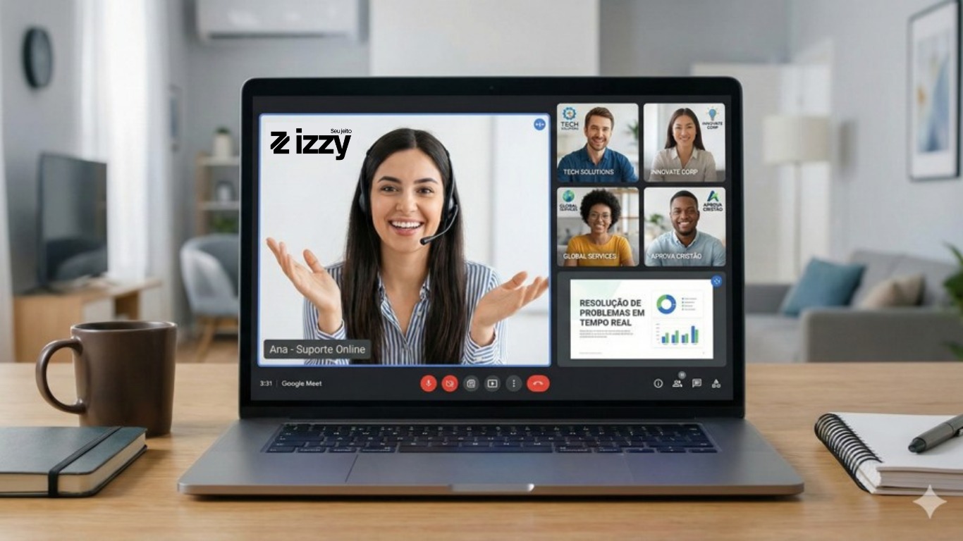 Atendente Izzy em videochamada pelo Google Meet com clientes